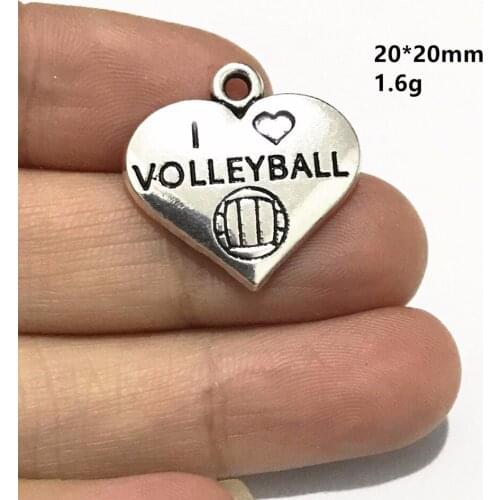 BULK 30 Zinc Alloy Sports Theme I Love Volleyball Heart Charms Antique Silver Plated DIY Jewelry Pendant 20*20mm 1.6g