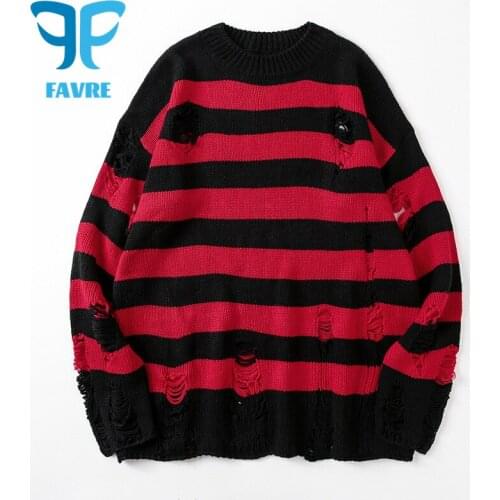 FAVRE High Street Destroyed Ripped Hole Stripe Knitting Sweater Couple Sweaters Pullovers Men Hip Hop Autumn Winter Women Jumper