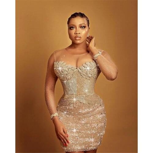 Sexy Long Sleeves Short Gold Prom Dresses 2021 Celebrity Beads Crystal Illusion Mini Sheath Graduation Party Dresses Plus Size