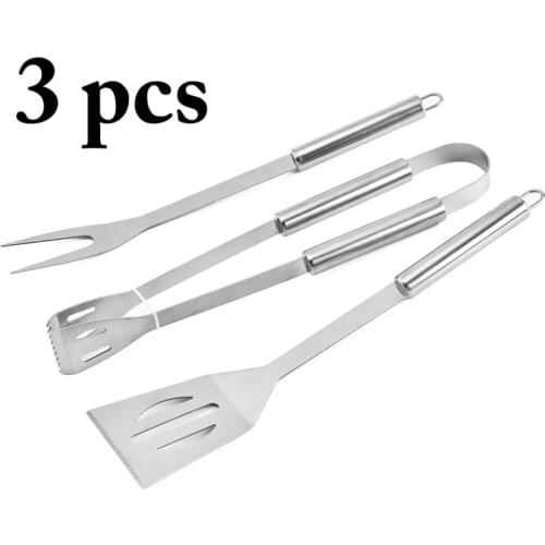 3pcs Stainless Steel Grill Utensil Set Barbecue Spatula Fork Tongs Portable Multifunction BBQ Grill Tools Kitchen Tools