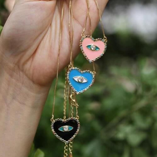 High Quality Romantic Pink/Blue/Black Enameled and Rainbow Cubic Zirconia CZ Heart Pendant Necklace For Women Girls Jewelry