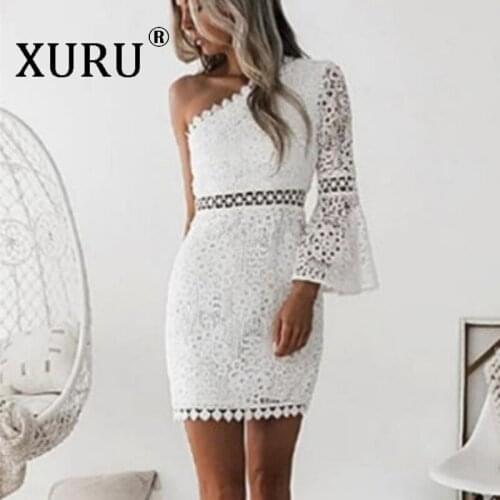 XURU New Product Oblique Shoulder Pencil Dress Womens Summer 2021 New White Dress Floral Irregular Dress
