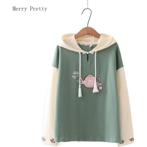 Women Cotton Hooded Sweatshirt Harajuku Cartoon Print Patchwork Casual Pullover Hoodies 2021 Summer Sweet Style Female Basic Top