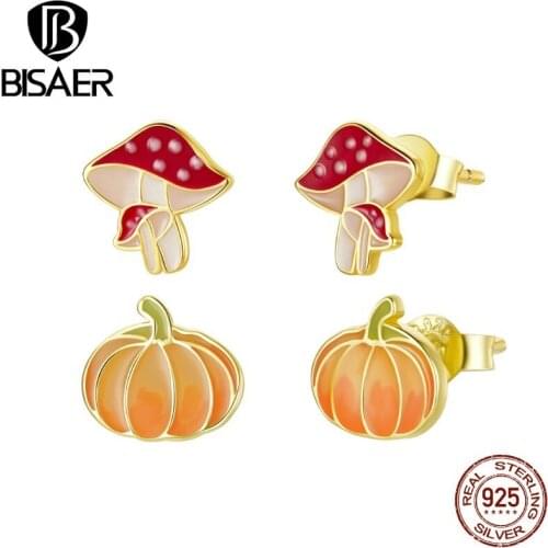 BISAER Hot Mushroom Pumpkin Stud Earrings 925 Sterling Silver Top Quality Enamel Earrings For Women Fashion Jewelry ECE1245
