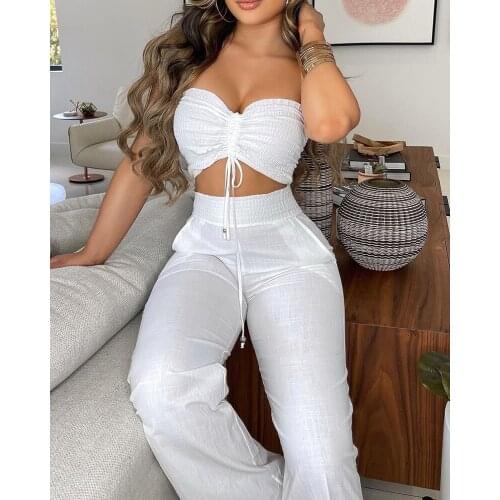 2021 Summer Fashion Sexy Drawstring Bandeau Tube Top Solid Sexy Crop Tops Shirred High Waist Pants Sets Womens Two Pieces Suits