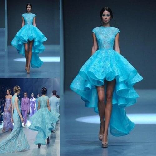 2019 Ensotek Custom Made High Low Lace Prom Dresses Vestido De Festa Blue Formal Evening Gowns Ballkleider Vestidos de Noiva