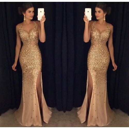 Women Sexy Evening Dress Long Formal Prom Party Gown Full Sequins Spaghetti Strap Galadress Vestidos Women Luxury Slit Dresses