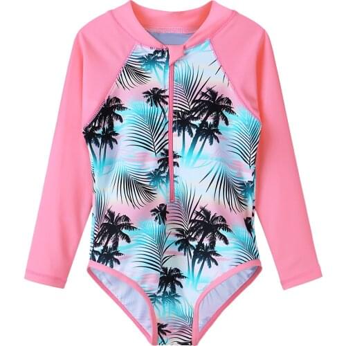 BAOHULU Children Swimsuit Long Sleeve UPF50+ Girls Swimsuit One Piece Print Coco Tree Kids Swim Clothes Beach Sun Suits Clothing