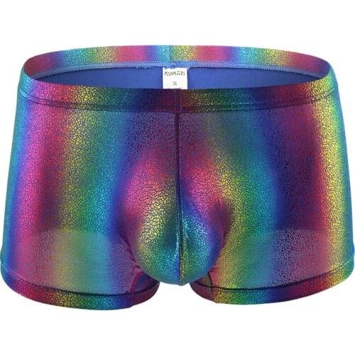Sexy Fashion Men U Convex Rainbow Shiny Nylon Boxers Man Penis Pouch Jockstrap Underwear Gay Male Erotic Underwear Club Clothing