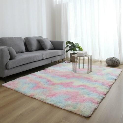 Colorful Carpet Furry Girl Room Bedside Carpet Cute Rainbow Color Soft Fluffy Plush Carpet Bedroom Living Room Floor Mat