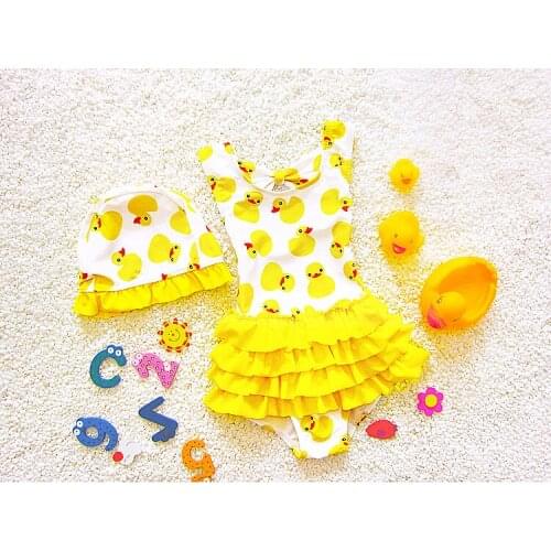 Kids Girls One piece Swimming Suit Yellow Pink Duck Dress + Hat Swimwear Summer Holiday Children Beach Wear Swimsuit SA4006