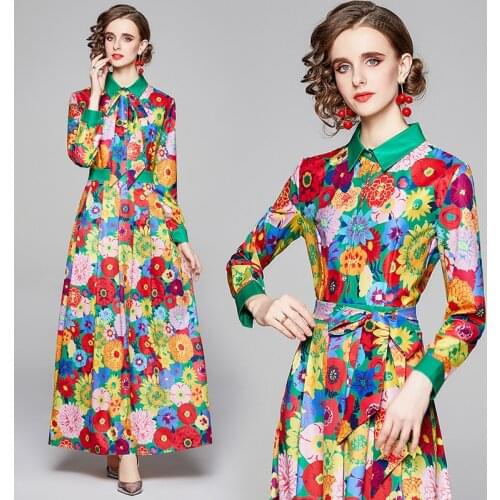 European and American Fashion England Style Flower Print Ribbon Bow Ruched Shirt Dress Elegant Tunic Party Boho Chic Maxi Dress
