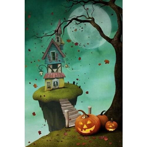 Cartoon Halloween Photography Backdrops Moon Witch House Pumpkins Backgrounds for Photo Studio Photoshoot Customized Vinyl Cloth