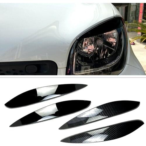 Glossy Black Carbon Fiber ABS Car Headlight Eyelid Lid Eyebrow Trim Cover For Mercedes Benz Smart 2014-2018