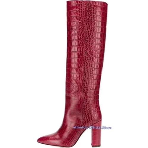 Red Purple Green CROCO Pattern Block High Heeled Knee High Boots Woman Solid Color Pointed Toe Winter Shoes Long Slouch Bota