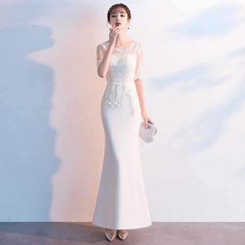 Lace Mermaid Bridal Wedding Dress Dignified Host Queen Banquet White Evening Dress Elegant Birthday Party Prom Dress A145