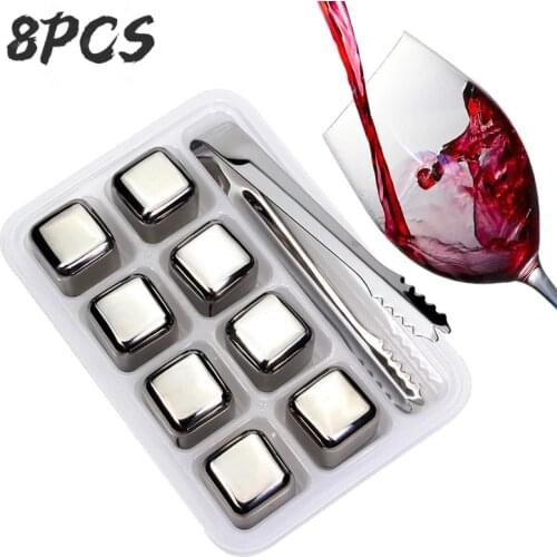 8 Pcs High Quality Stainless Steel Ice Cubes Reusable Chilling Stones for Whiskey Wine, Cold Fresh Freezer Storage Bar Tools Set