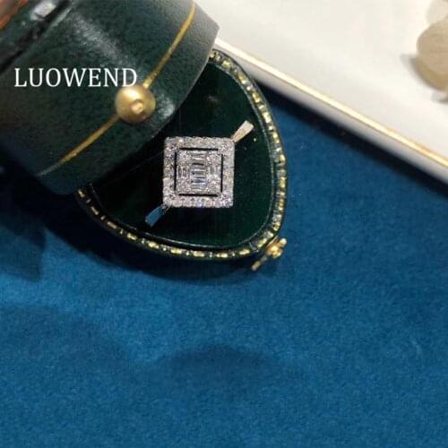 LUOWEND 100% Real 18K White Gold Rings Fashion Bague Sqare Halo Shape Design Engagement Ring Natural Diamond Ring for Women