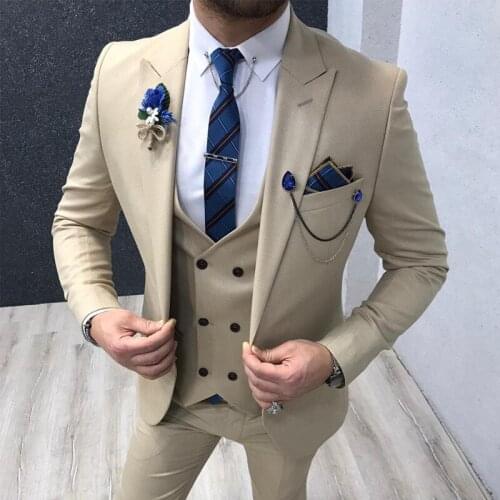 Brand New Men Suits Beige Groom Tuxedos Peak Lapel Groomsmen Wedding Bridegroom ( Jacket + Pants + Vest + Tie ) D139
