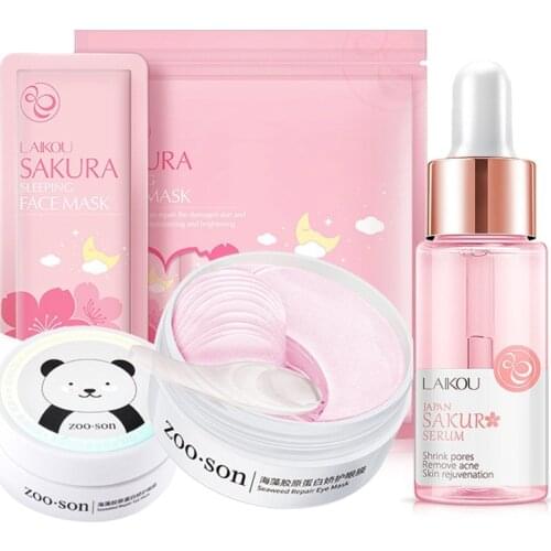 Face Skin Care Set Cherry Blossom Essence Moisturizing Collagen Eye Patches & Face Serum & Facial Mask Skin Care Dropship TSLM2