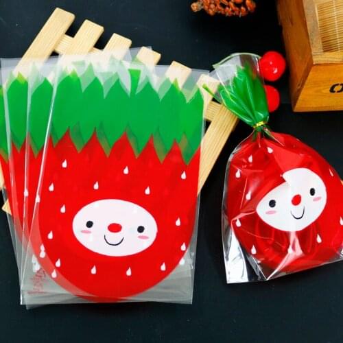 100pcs Cute Strawberry Smile Face Plastic Bags Open Top Candy Cookie Bags DIY Cake Bakery Bag Wedding Party Wrapping Supplies