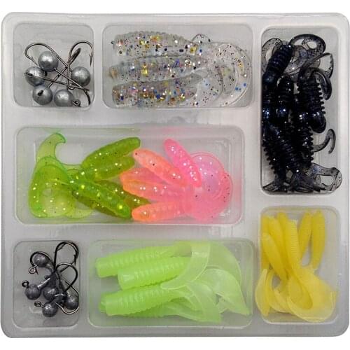 48Pcs/Lot Soft Lures Jig Head Hooks Set Mixed Color Assorted Smell Worms Bait Artificial Double Tail Grub Set With Tackle Box