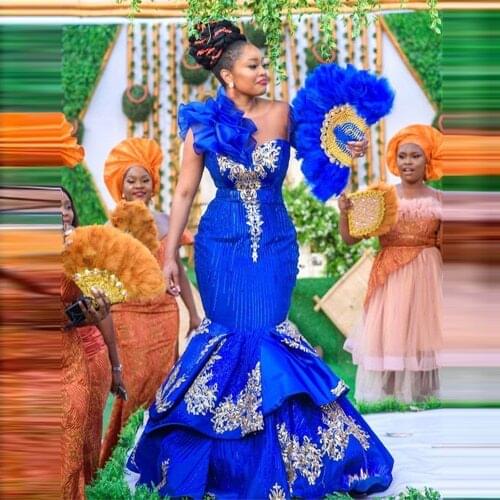 Luxury Royal blue Africa Evening Dresses Mermaid Plus Size Long Sleeves Appliques Aso Ebi Prom Party Gowns 2021