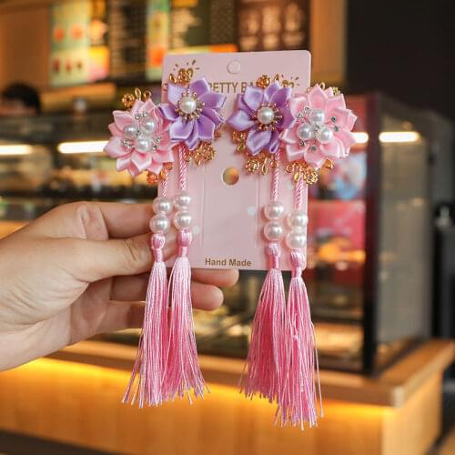 2PCS Beautiful Chinese Style Children Girl Hairpin Headdress Tassel Ribbon Baby Flowers Pearl Hair Clips HeadWear