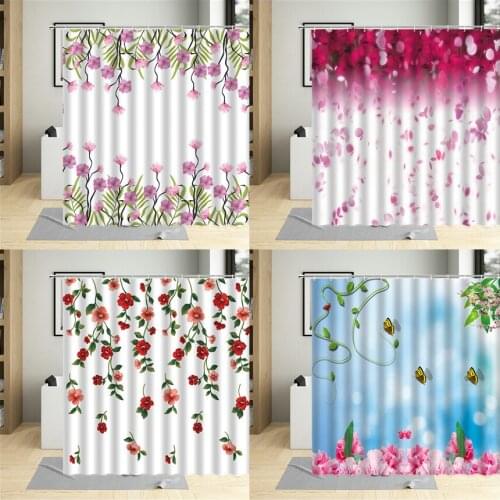 Pink Flower Shower Curtain Bathroom Decor Petals Falling Gradient Watercolor Floral Curtains Waterproof Polyester With Hooks Set
