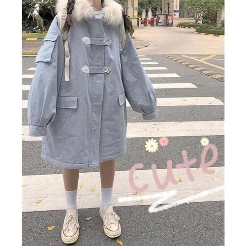 Gray blue cotton jacket for women 2021 winter new preppy embroidery cute winter long warp coat kawaii school girl padded jacket
