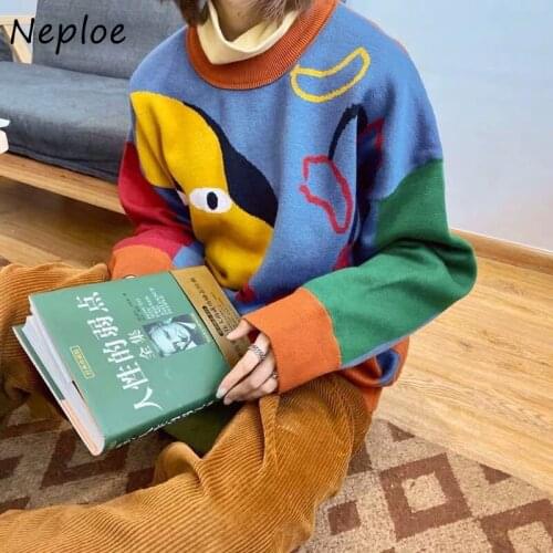 Neploe Japanese Style Women Sweaters O-neck Long Sleeve Cartoon Pattern Jacquard Female Pullover Loose Girl Autumn Knit Tops