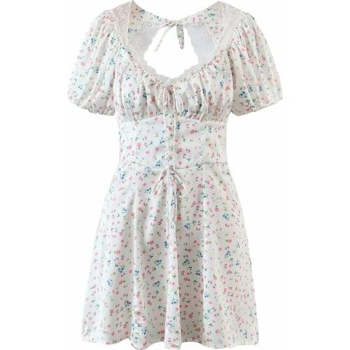 2021 Summer Tether Lace backless floral Dress Women Puff Sleeve sweet Kawaii French Printed Flower Dresses small fresh vestidos