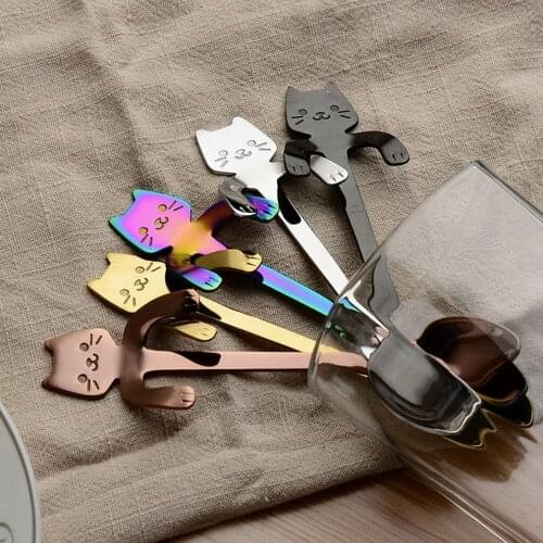 1pcs Cute Cat Spoons Long Handle Hanging Spoon Coffee Milk Stainless Steel Spoon Flatware Kitchen Tools for Kids Gifts