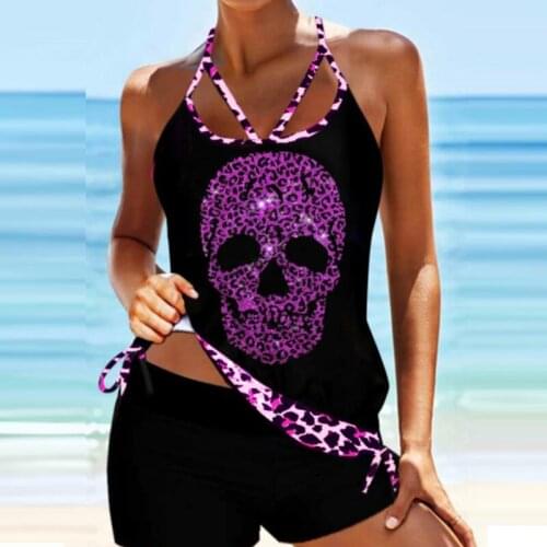 2021 Cute Skull Print Bikini Swimsuit Women Sexy Criss-cross String Bandage Beachwear Bathing Suit Summer Shorts Straps Swimwear