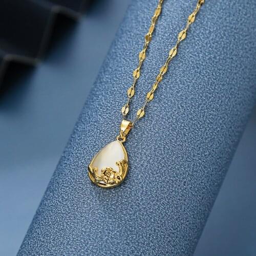 316L Stainless Steel New Fashion Upscale Jewelry Opal Rose Flower Droplet Charms Chain Choker Necklaces & Pendants For Women