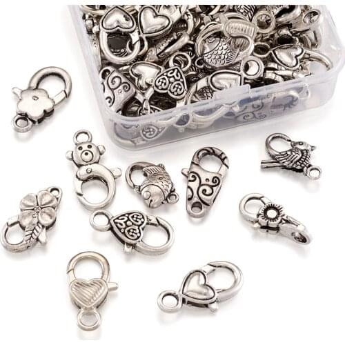 60pcs/box Antique Metal Flower Heart Lobster Clasp Hooks End Connectors for Jewelry Making Findings Necklace Bracelet DIY Compo