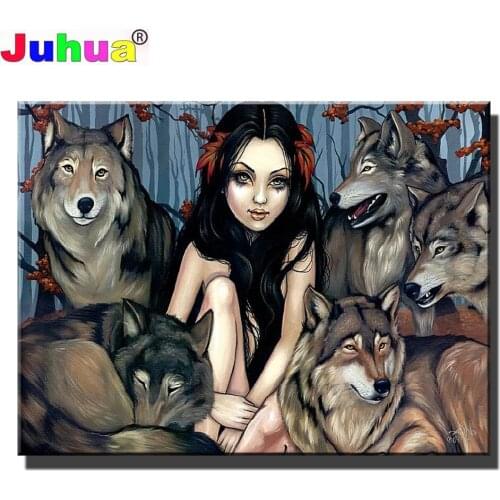 Darkness Wolf Girl diamond painting Full Square/Round drill 5d diamond embroidery portrait Animal 3d cross stitch,Gift