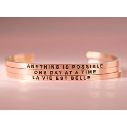 1pcs Engraved with black words Stainless Steel Stamped Mantra Bracelet Opended Cuff Inspiration C Shape Bangle Rose Gold Color
