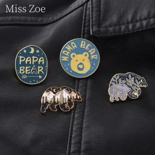 Forest Starry Animals Mama Bear Enamel Pins Brown Bear Mountain Purple Leaf Baby Bears Brooches Gifts For Parents Family Jewelry
