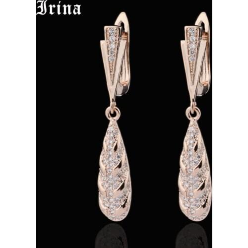 Irina 585 Elegant AAA Cubic Zirconia Water Drop Dangle Earrings For Bridal Rose Gold Color Micro insert Romantic Dangle Earrings