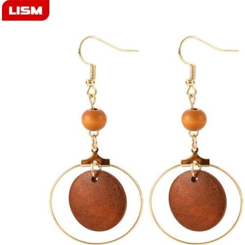 Fashion Simple Trendy Gold Color Geometric Big Round Circle Wood Earrings For Women Fashion Large Hollow Drop Earrings Jewelry