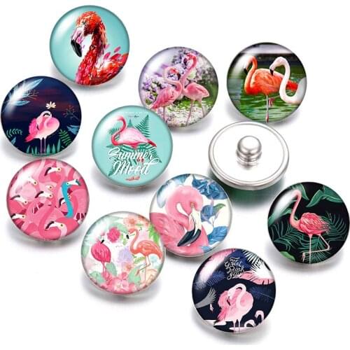 DB0570 Flamingo Birds trendy 18mm snap buttons 10pcs mixed round photo glass cabochon style for snap button jewelry