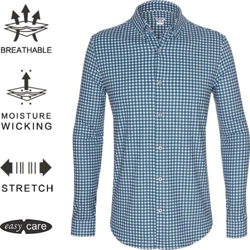 EAGEGOF Long sleeve shirt Mens Regular fit Business Social clothes Golf fabric plaid shirts Non-iron apparel soft comfy