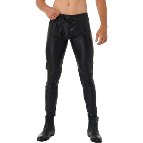Men Latex Long Pants Shiny Faux Leather Elastic Waistband Skinny Pants Zipper Front Trousers Sexy Party Nightclub Pole Dancing