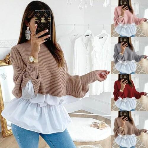 Autumn Winter Women Blouse Tops Pink Red Patchwork O-Neck Long Sleeved Knitted Sweater For Women Soft Pullovers Shirt Tops