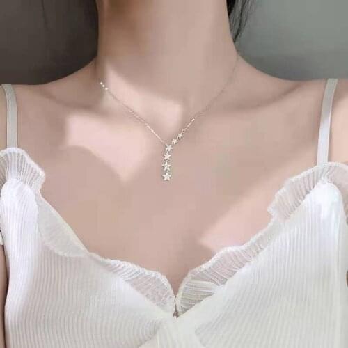 Sweet 925 Sterling Silver Shiny Zircon Star Choker Geometric Necklace For Women Gift Fine Jewelry Accessories NK002