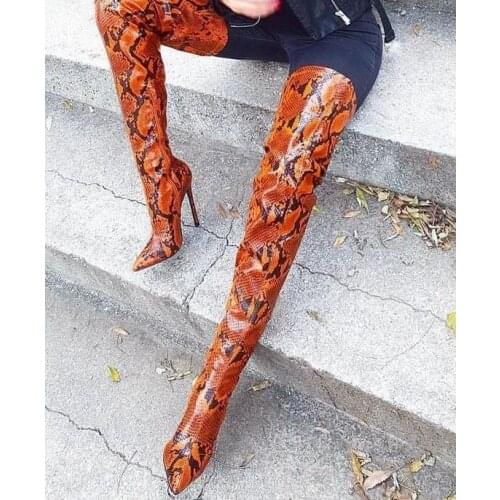 Sexy Snake Skin Boots Pointed Toe Thin Heels Thigh High Boots for Plus Size Women Print Leather Over Knee Boots Winter