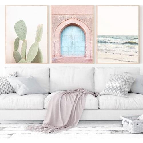 Boho Poster Beach Cactus Landscape Canvas Painting Door Print Decoration Wall Pictures for Living Room Moroccan Decor Unframed