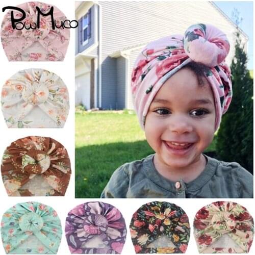 Powmuco 7 Colors Knotted Indian Hats with Flowers Pattern 18*17 CM Fashion Printed Newborn Caps Cute Princess Headwear Accessory
