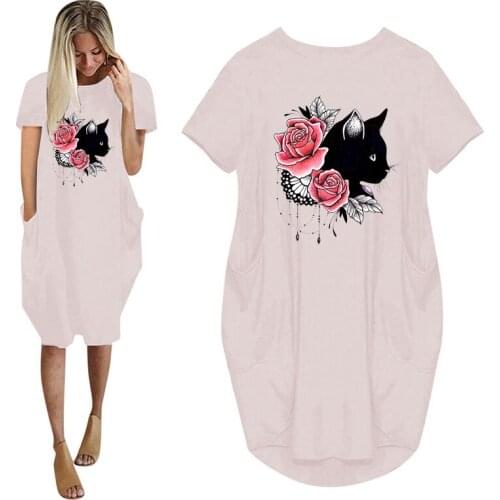 Cartoon Cat Animal Flower Print Women Summer Short Sleeve Dress With Pocket Ladies Fashion O Neck Long Tops Female T Shirt Dress